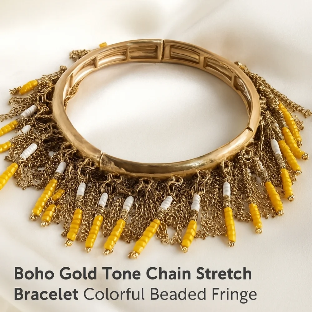 Boho Gold Tone Stretch Bracelet Yellow & White Beaded Fringe – Statement Jewelry